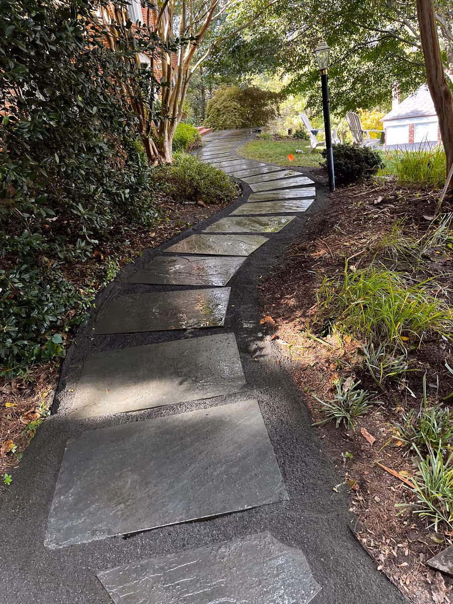 Flagstone garden path washed clean, winding between planted beds